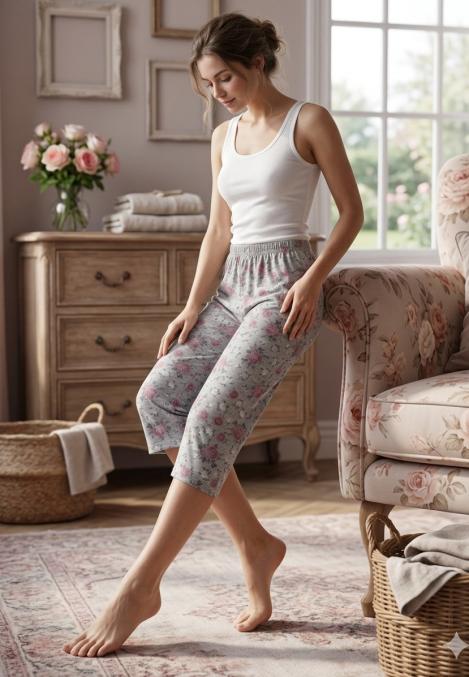 Pantaloni pijama 3/4 dama ,culoare gri cu roz ,Engros