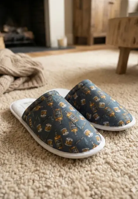 Papuci de casă bărbați, albastru închis, imprimeu whiskey ,En-gros