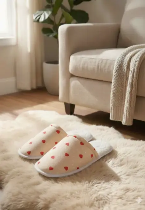 Papuci de casă damă ,culoare crem cu imprimeu inimioare ,Engros