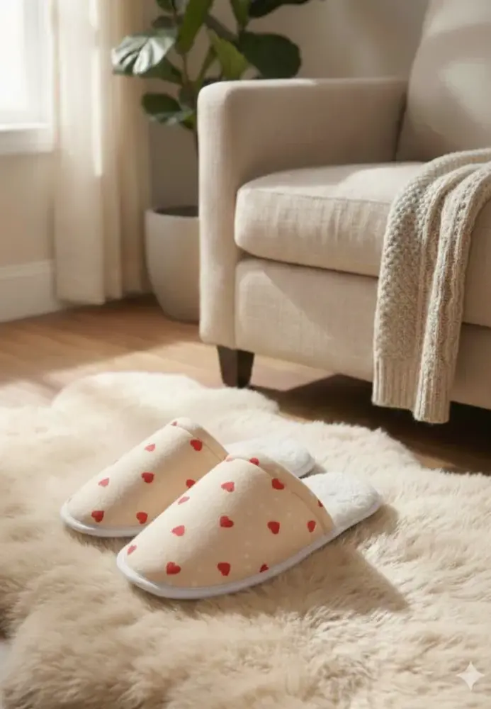 Papuci de casă damă ,culoare crem cu imprimeu inimioare ,Engros