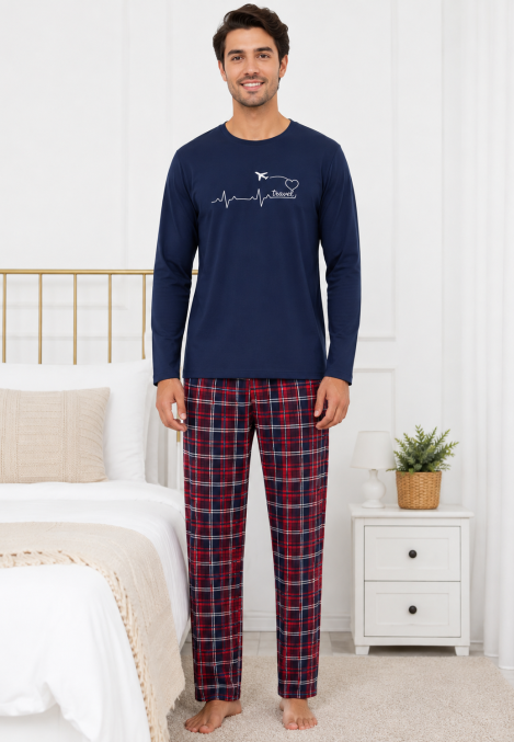 Pijama barbati Serena cu maneca lunga si pantalon lung-Bleumarin,Engros
