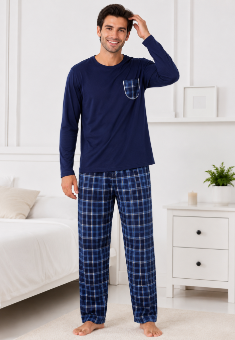 Pijama barbati Serena cu maneca lunga si pantalon lung-Bleumarin,Engros