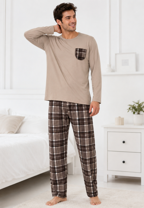 Pijama barbati Serena cu maneca lunga si pantalon lung-Bej,Engros