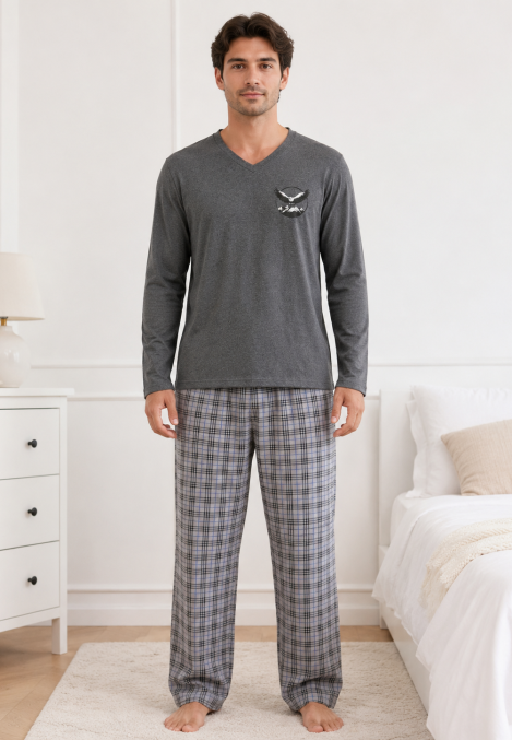 Pijama barbati Serena cu maneca lunga si pantalon lung-Gri ,Engros