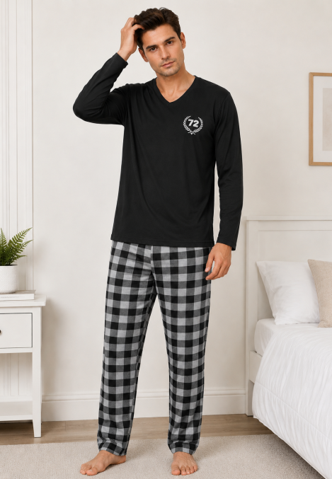 Pijama barbat Serena cu maneca lunga si pantalon lung-Negru, Engros