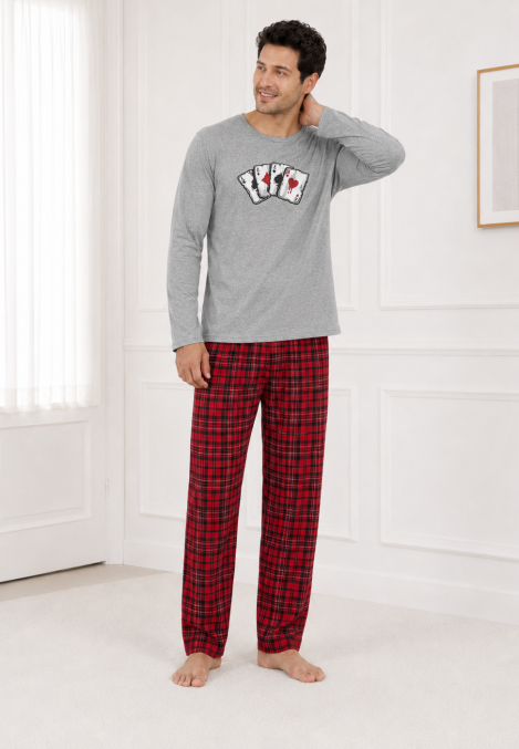 Pijama barbati Serena cu maneca lunga si pantalon lung- Gri,Engros
