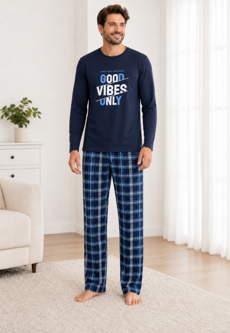 Pijama barbati Serena cu maneca lunga si pantalon lung- Bleumarin,Engros