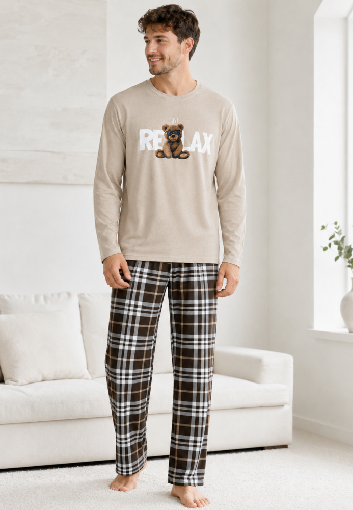 Pijama barbati Serena cu maneca lunga si pantalon lung- Bej,Engros