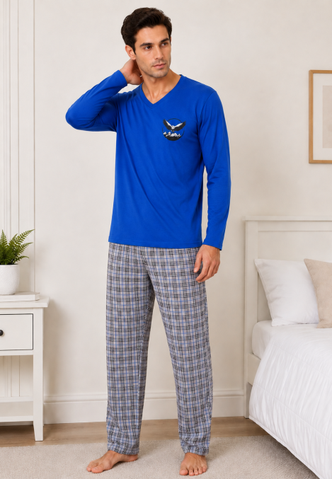 Pijama barbati Serena cu maneca lunga si pantalon lung-Albastru ,Engros