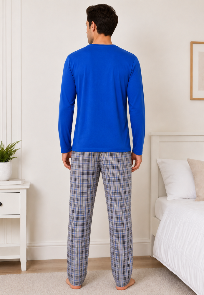 Pijama barbati Serena cu maneca lunga si pantalon lung-Albastru ,Engros