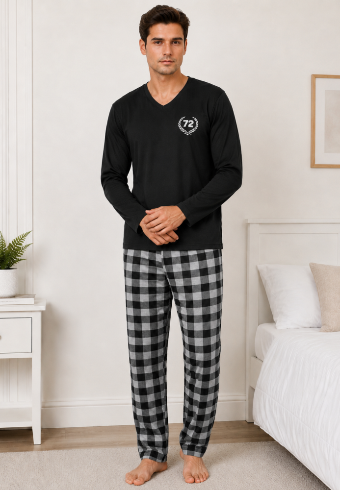 Pijama barbat Serena cu maneca lunga si pantalon lung-Negru, Engros