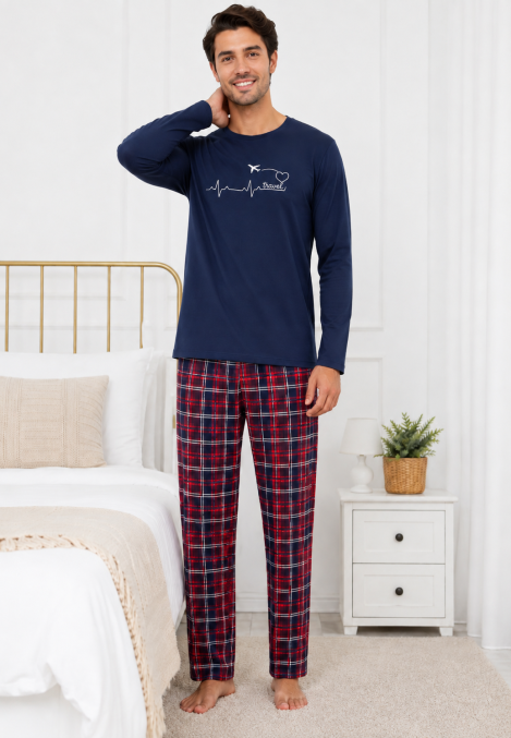 Pijama barbati Serena cu maneca lunga si pantalon lung-Bleumarin,Engros