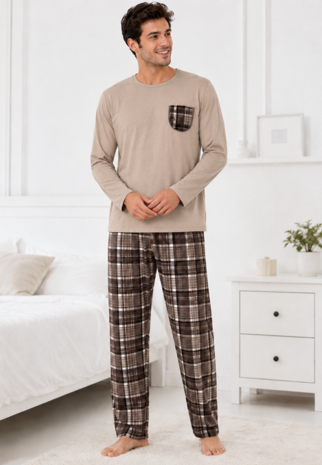 Pijama barbati Serena cu maneca lunga si pantalon lung-Bej,Engros