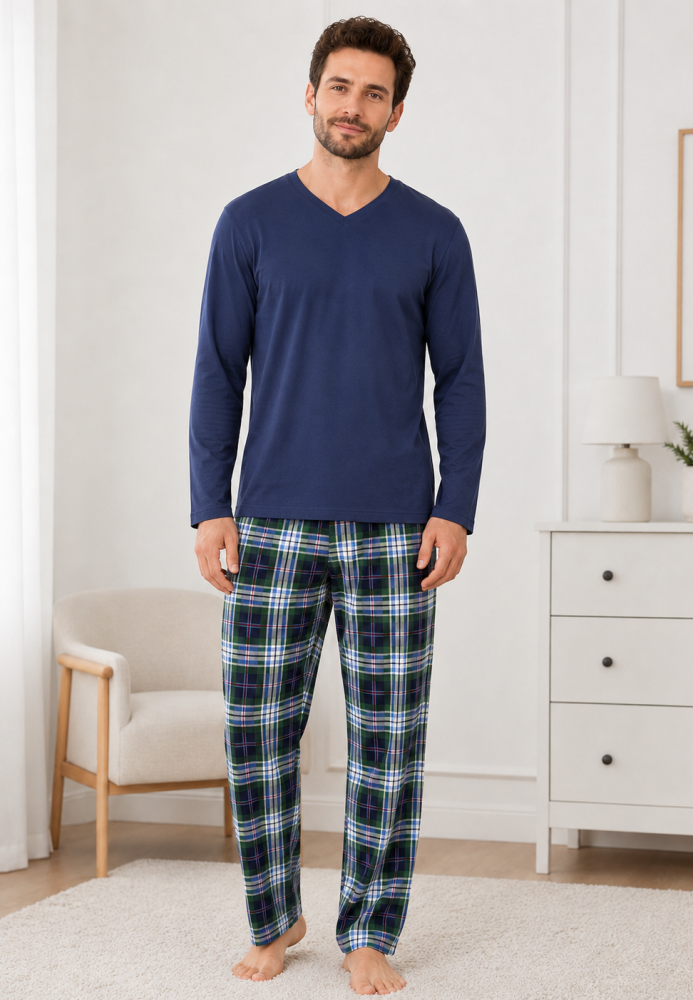Pijama barbati Serena cu maneca lunga si pantalon lung-Bleumarim, Engros
