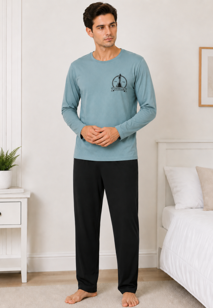 Pijama barbati Serena cu maneca lunga si pantalon lung-Albastru deschis,Engros