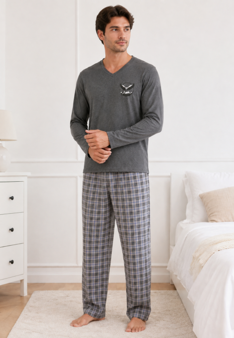 Pijama barbati Serena cu maneca lunga si pantalon lung-Gri ,Engros