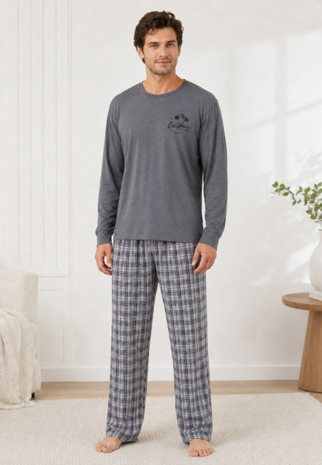 Pijama barbat Serena cu maneca lunga si pantalon lung-Gri, Engros