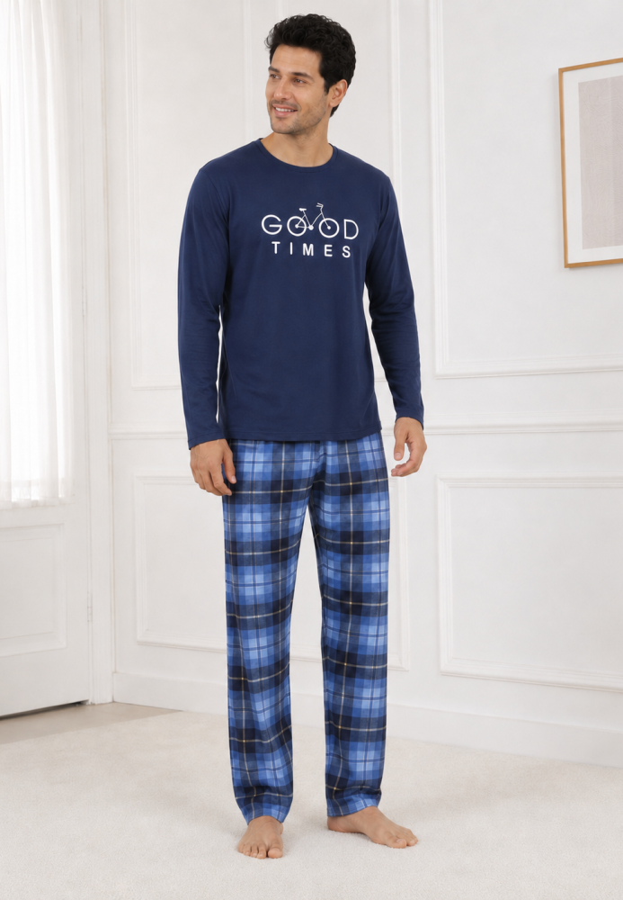 Pijama barbati Serena cu maneca lunga si pantalon lung,Bleumarin,Engros