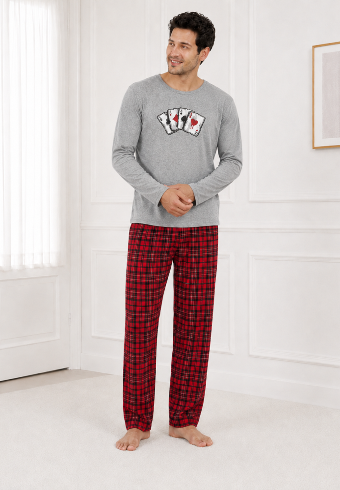Pijama barbati Serena cu maneca lunga si pantalon lung- Gri,Engros