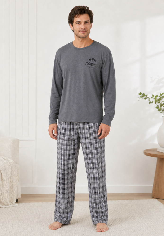 Pijama barbat Serena cu maneca lunga si pantalon lung-Gri, Engros