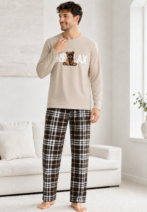 Pijama barbati Serena cu maneca lunga si pantalon lung- Bej,Engros