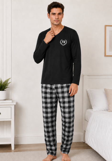 Pijama barbat Serena cu maneca lunga si pantalon lung-Negru, Engros