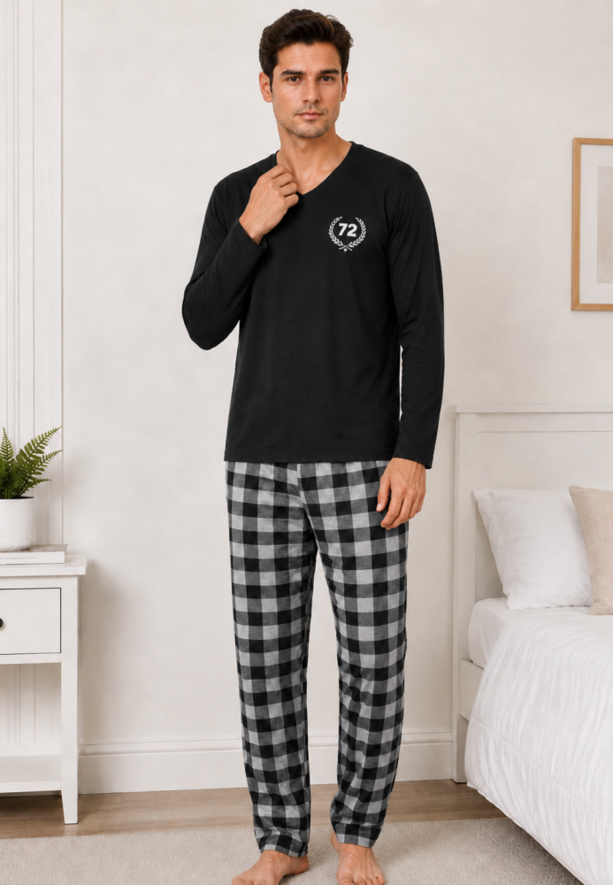 Pijama barbat Serena cu maneca lunga si pantalon lung-Negru, Engros