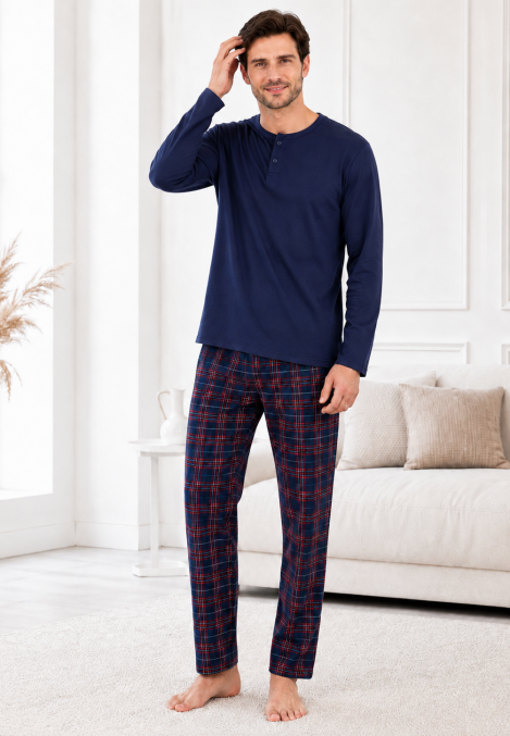 Pijama barbati Serena cu maneca lunga si pantalon lung-Bleumarin,Engros