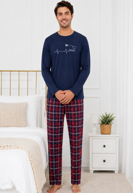 Pijama barbati Serena cu maneca lunga si pantalon lung-Bleumarin,Engros