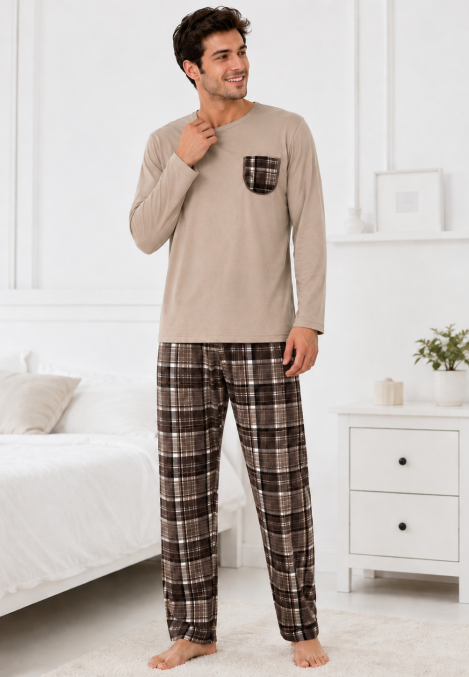 Pijama barbati Serena cu maneca lunga si pantalon lung-Bej,Engros