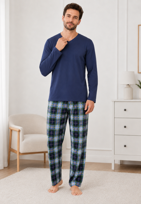 Pijama barbati Serena cu maneca lunga si pantalon lung-Bleumarim, Engros