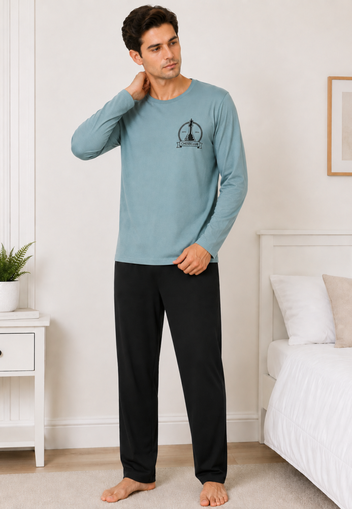 Pijama barbati Serena cu maneca lunga si pantalon lung-Albastru deschis,Engros
