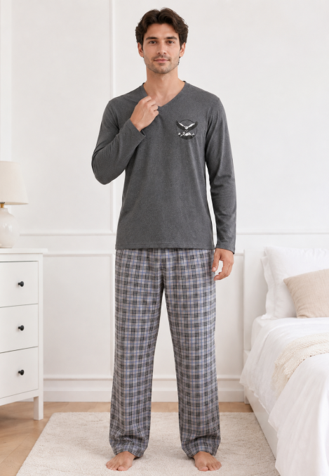 Pijama barbati Serena cu maneca lunga si pantalon lung-Gri ,Engros
