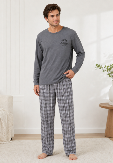 Pijama barbat Serena cu maneca lunga si pantalon lung-Gri, Engros