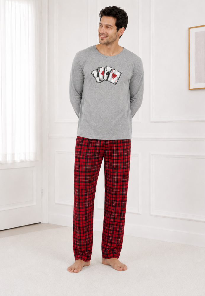 Pijama barbati Serena cu maneca lunga si pantalon lung- Gri,Engros
