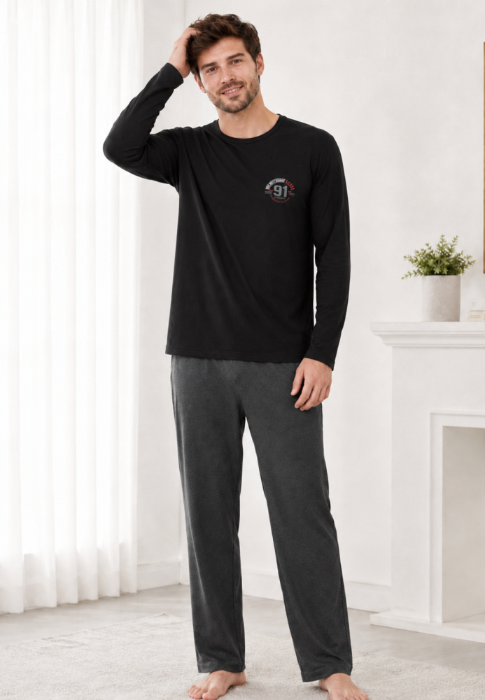 Pijama barbati Serena cu maneca lunga si pantalon lung- Negru,Engros