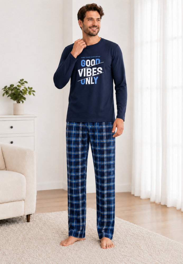 Pijama barbati Serena cu maneca lunga si pantalon lung- Bleumarin,Engros