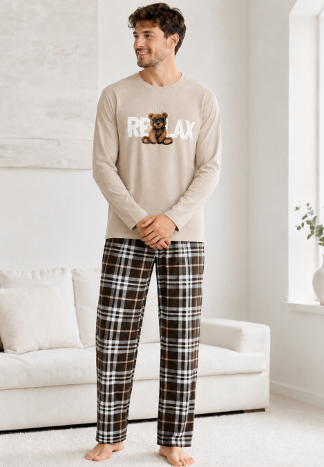 Pijama barbati Serena cu maneca lunga si pantalon lung- Bej,Engros