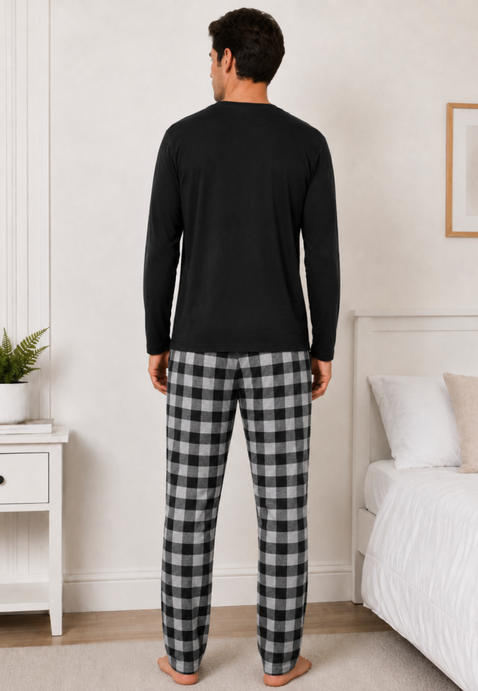 Pijama barbat Serena cu maneca lunga si pantalon lung-Negru, Engros