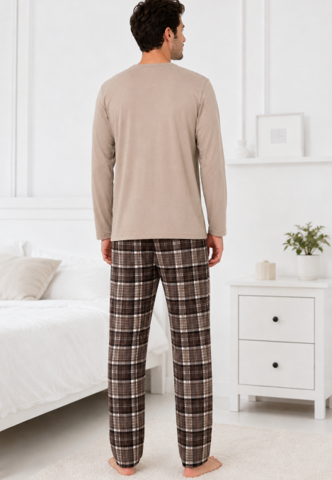 Pijama barbati Serena cu maneca lunga si pantalon lung-Bej,Engros