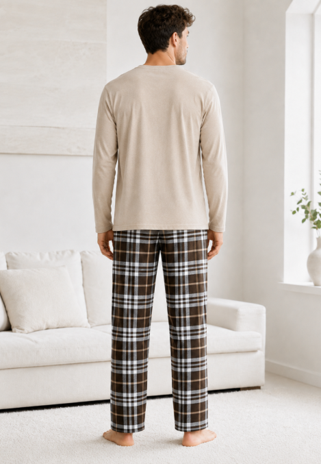 Pijama barbati Serena cu maneca lunga si pantalon lung- Bej,Engros