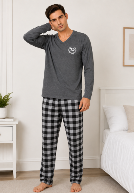 Pijama barbat Serena cu maneca lunga si pantalon lung-Gri, Engros