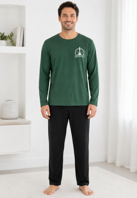 Pijama barbati Serena cu maneca lunga si pantalon lung-Verde,Engros