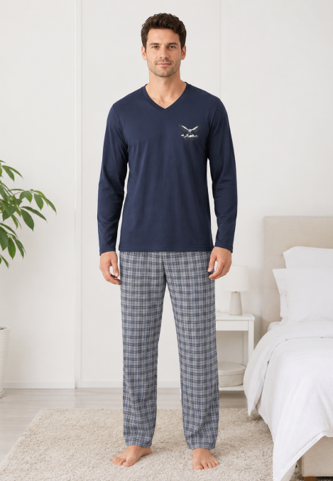 Pijama barbati Serena cu maneca lunga si pantalon lung -Bleumarin ,Engros