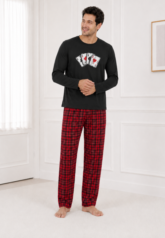 Pijama barbati Serena cu maneca lunga si pantalon lung- Negru,Engros