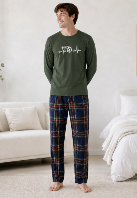 Pijama barbati Serena cu maneca lunga si pantalon lung-Kaki,Engros