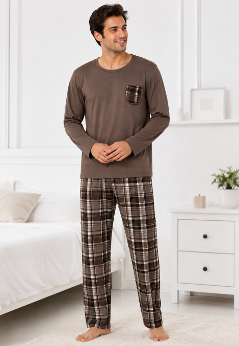 Pijama barbati Serena cu maneca lunga si pantalon lung-Maro,Engros
