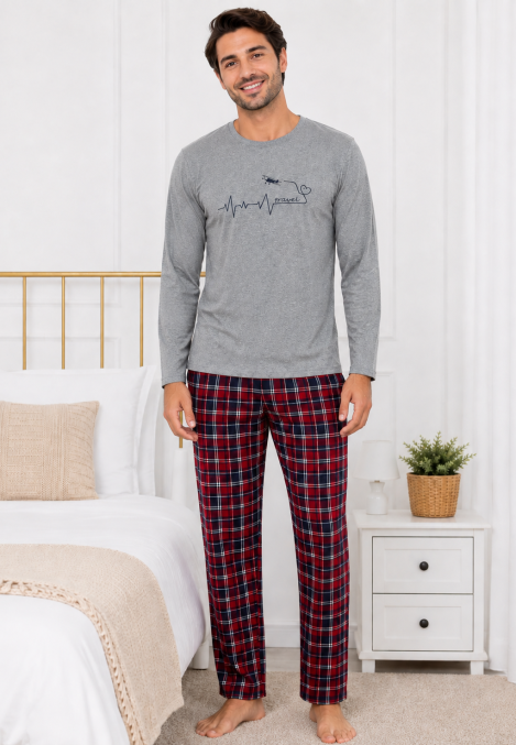 Pijama barbati Serena cu maneca lunga si pantalon lung-Gri,Engros