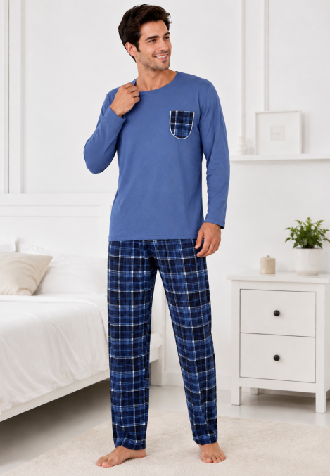 Pijama barbati Serena cu maneca lunga si pantalon lung-Albastru,Engros