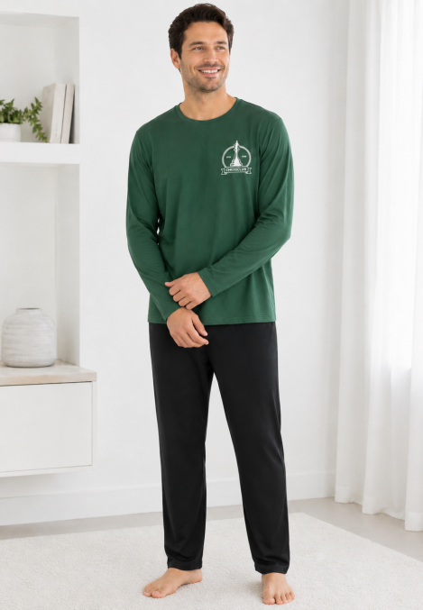 Pijama barbati Serena cu maneca lunga si pantalon lung-Verde,Engros